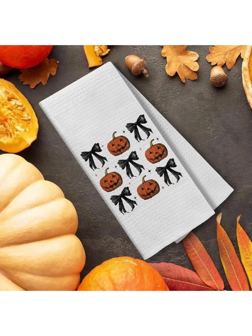 Halloween Kitchen Hand Towels Black Pumpkin & Coquette Bow